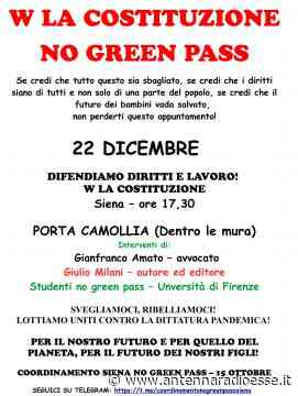 No Green Pass, manifestazione a Siena il 22 dicembre - Antenna Radio Esse