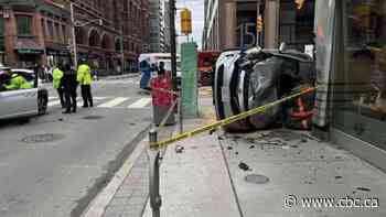 7 pedestrians, 1 driver hospitalized after 2-vehicle collision sends car onto sidewalk in Toronto