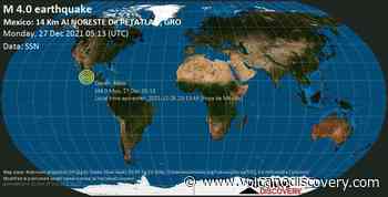 Informe sismo: Terremoto leve mag. 4.0 - 13 km ENE of Petatlan, Guerrero, Mexico, domingo, 26 dic 2021 23:13 (GMT -6) - VolcanoDiscovery