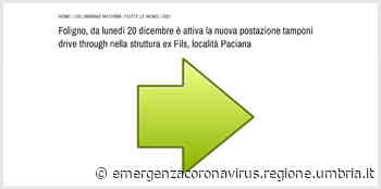 Foligno: da lunedì 20 dicembre è attiva la nuova postazione tamponi drive through nella struttura ex Fils, località Paciana - Regione Umbria