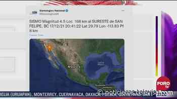 Se registra sismo de 4.5 grados en San Felipe, Baja California - Noticieros Televisa