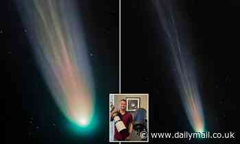 Comet Leonard is captured streaking through space in a blaze of blue, green and orange colours