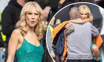 Ted Lasso's Juno Temple dazzles in green dress as she leaps into a pal's arms on set of The Offer - Daily Mail