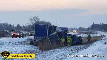 No injuries after transport truck and pickup collide on Highway 402 - CTV News London