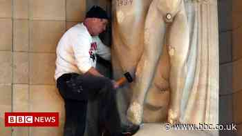 Man damages BBC headquarters statue with hammer