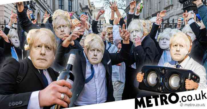 100 ‘Boris Johnsons’ party outside Downing Street chanting ‘it’s a work event’