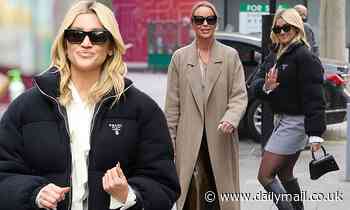 Ashley Roberts flashes her legs in a grey skirt while Amanda Holden dons a stone coat at Heart FM