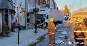 Transport truck collides with building in Listowel, Ont., Main Street closed