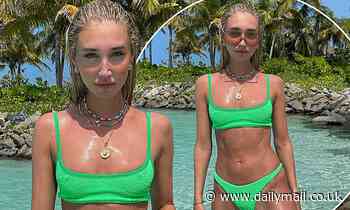 Megan McKenna shows off her incredible figure in green bikini as she poses for sizzling beach snaps