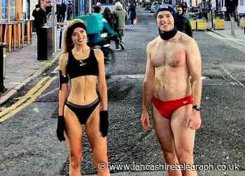 Miss Lancashire and NHS doctor run around the streets in underwear