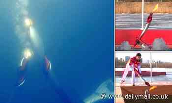 Winter Games: Olympic flame is passed UNDERWATER between two robots in a world first by China