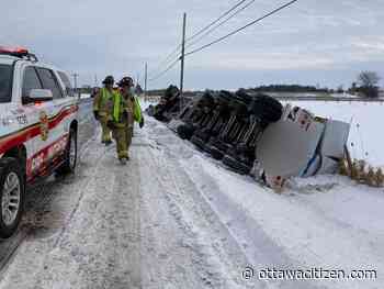 No injuries as transport truck rolls near North Gower