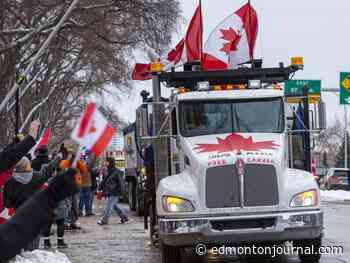 Truck convoy protesting COVID-19 restrictions clogs central Edmonton streets