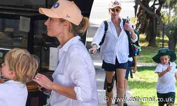 Today's Allison Langdon picks up her son from school with bandages on her knee - Daily Mail