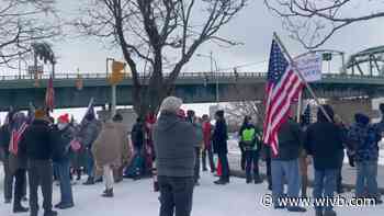 Protestors rally against the Canadian trucker vaccine mandate near the Peace Bridge in Buffalo