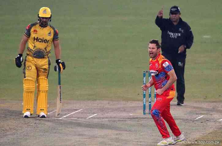 Islamabad United bowler Dawson celebrating after taking wicket of Hazratullah Zazai during the Pakistan Super League (PSL) Twenty20 cricket match between Peshawar Zalmi and Islamabad United at the Gaddafi Cricket Stadium - Associated Press of Pakistan