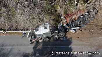 Tractor-trailer overturns, closes part of Route 58 in Suffolk