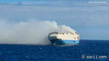 Burning cargo ship packed with luxury cars abandoned, now adrift in the Atlantic Ocean