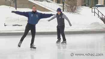 First Alert Meteorologist Stacey Pensgen teaches Sports Achor Jackson Roberts how to figure skate