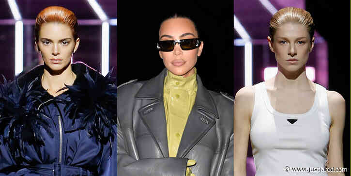 Kim Kardashian Watches Kendall Jenner Walk the Prada Runway (& Euphoria's Hunter Schafer Closed the Show!)