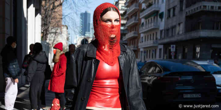 Julia Fox Wears a Sheer Red Balaclava & Ugg Boots During Milan Fashion Week 2022