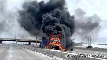 Transport truck catches fire on Hwy. 401 near Mississauga, Ont. - CTV News Toronto
