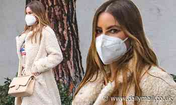 Sofia Vergara wears a beige shearling coat and stylish flared trousers in Beverly Hills - Daily Mail