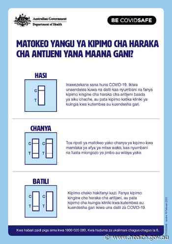 Coronavirus (COVID-19) – MATOKEO YANGU YA KIPIMO CHA HARAKA CHA ANTIJENI YANA MAANA GANI? (RAT results) - Australian Government Department of Health