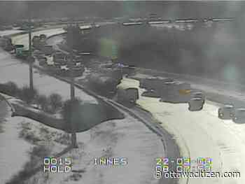 Nineteen-vehicle crash closes eastbound Highway 417 at Innes; five taken to hospital