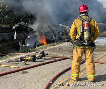 Tesla Sedan Burns For 4 Hours After Crash, Fire Near Fillmore - CBS Los Angeles