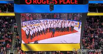 “Alberta Stands with Ukraine”: Rogers Place lights up in yellow and blue