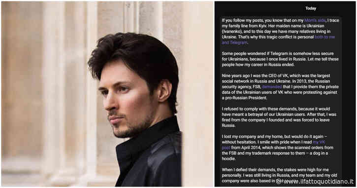 Il fondatore di Telegram rassicura gli ucraini: “La privacy è sacra. Nel 2014 fui cacciato dalla Russia per non aver fornito i vostri dati su Vk”