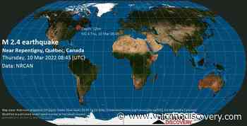 Quake info: Weak mag. 2.4 earthquake - 16 km west of Joliette, Lanaudière, Quebec, Canada, on Thursday, Mar 10, 2022 at 3:45 am (GMT -5) - 4 user experience reports - VolcanoDiscovery