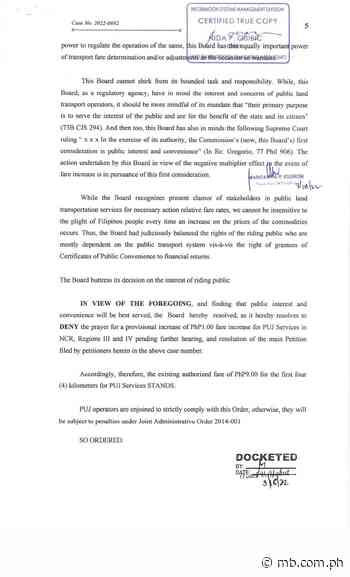 Rejected: LTFRB denies P1 provisional fare hike petition of transport groups - Manila Bulletin