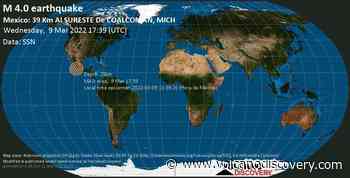 Informe sismo: Terremoto leve mag. 4.0 - 87 km SW of Apatzingan, Michoacan, Mexico, miércoles, 9 mar 2022 11:39 (GMT -6) - VolcanoDiscovery