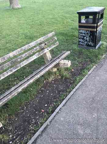 Graffiti calls on 'lazy mugz' Harrow Council to fix bench