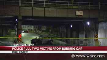 Car catches fire after colliding with a bridge, two injured