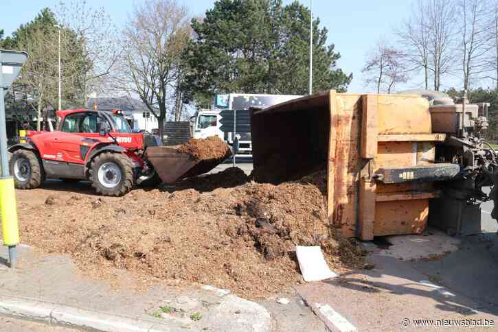 Aanhangwagen met mest kantelt op rotonde