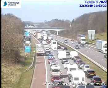 Overturned vehicle crash on M6 near Lancaster causing 3 hour delays