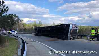 Tractor-trailer overturns on Suffolk entrance ramp