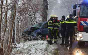 Auto fors beschadigd na botsing tegen lantaarnpaal en boom in Langweer - Leeuwarder Courant