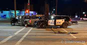 Brazen Edmonton police chase ends with one arrest, multiple vehicles damaged