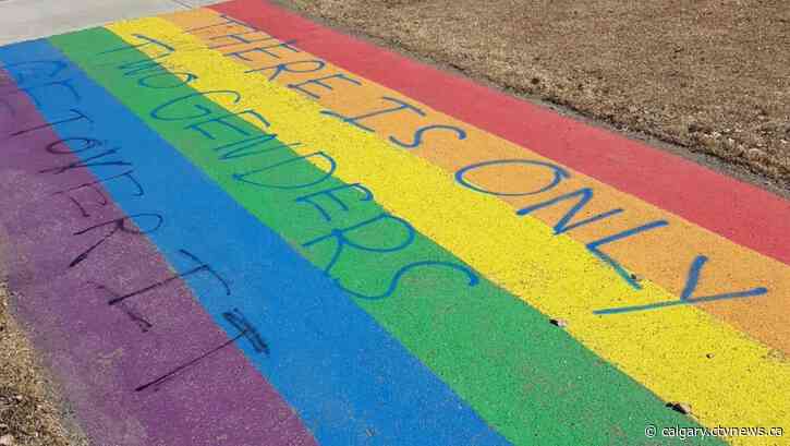 Rainbow Pride flag on Airdrie pathway defaced by vandals