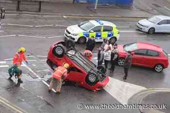 Car flips on roof in crash on Huddersfield Road, Oldham - The Oldham Times