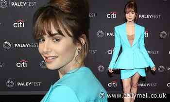 Lily Collins cuts a feminine figure in a dainty blue skirt suit at the 2022 PaleyFest - Daily Mail