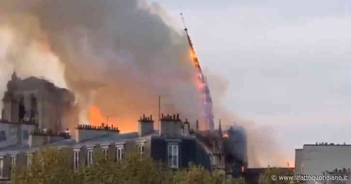 Tre anni fa l’incendio di Notre Dame: le immagini del crollo della guglia che hanno tenuto il mondo col fiato sospeso – Video