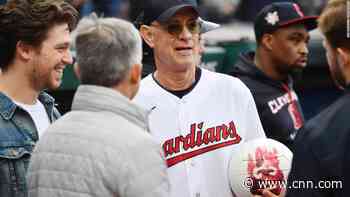 Tom Hanks reunites with 'Wilson' from 'Cast Away' while throwing first pitch in Cleveland