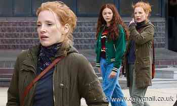 Jessica Chastain bundles up in green jacket as she films with a co-star - Daily Mail