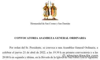 La Hdad. de San Cosme y San Damián celebra hoy jueves su asamblea general - Abarán día a día