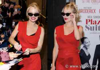 Pamela Anderson, 54, stuns in sheer red dress after Broadway performance - Yahoo Life